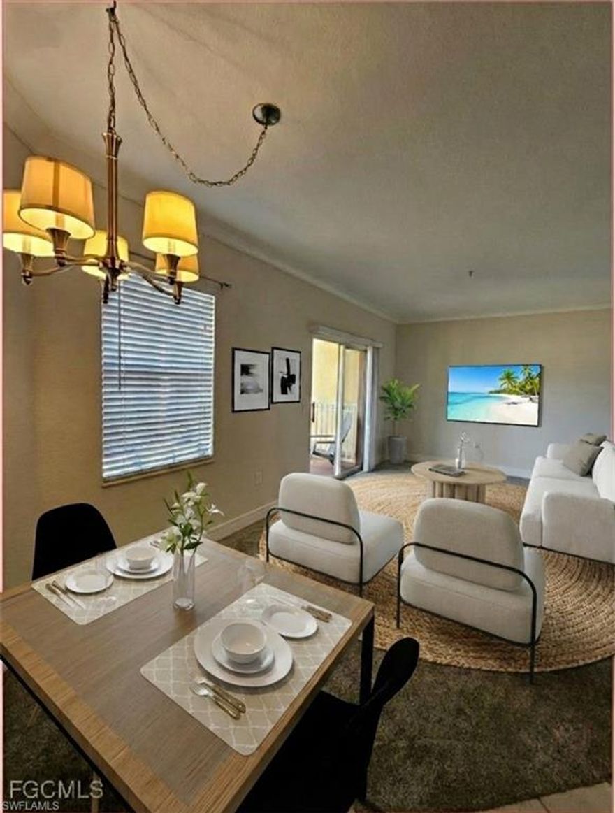 *** PRIVATE GARAGE INCLUDED! ***  This beautifully updated 2nd floor unit has 1 bedroom, 1 bathroom and a 1 car deep and private garage.   There is no one above you so it’s nice and quiet.   Gardens at Beachwalk is known for its outstanding location, close to white sand beaches of Fort Myers, Sanibel, and Captiva.   This unit has upgraded appliances, wainscotting, crown molding, tile backsplashes, granite countertops, volume ceilings, light and bright throughout, fresh newly installed designer carpet, designer lights and fans, the washer/dryer is conveniently located inside your new home and is just a few years old, upgraded cabinetry, a newer high efficiency air conditioner and heating system, fresh paint inside and fresh epoxy paint to dress up your new garage floor, (which is deeper than most with room to park a car in front of the garage door), and a generously sized balcony overlooking lush palm trees and tropical landscaping.   This unit has low monthly fees of just $349.00 per month which pays for your outstanding resort amenities and building and flood insurance.   It’s move-in ready and would make a perfect primary residence or vacation getaway.  Publix and restaurants are a short walk across the street and you can take healthful strolls around your community rife with lakes and park benches and make new friends.   YOU NEED A WINTER RESIDENCE, and this is the affordable place you have dreamed of.  Please call today for your private tour.   The two photos with furniture are virtually staged but it will look that fabulous after you buy it.