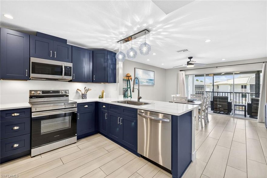 Coastal living with strength and style at Sunset South. Welcome to 1341 Middle Gulf Drive #12C on Sanibel Island. This beautifully remodeled top-floor corner condo is located within the exclusive Sunset South community, a 56-residence beachfront enclave offering a beachside pool, community clubhouse, and a private beach walk to Sanibel’s shell-lined shores. A rare feature, building 12 is one of only five buildings with a private elevator, providing direct access from the garage to the residence. Additional highlights include an under-building garage with a hurricane-rated door and a large private storage unit. Inside, the open living and dining area flows to an oversized screened lanai with Gulf views. The updated kitchen features navy cabinetry, ample quartz countertop space with a breakfast bar, stainless steel appliances, and generous storage. Plank tile flooring runs throughout the home, and the condo includes in-residence laundry with a ventless washer-dryer combo. The primary suite enjoys a partial western Gulf view and features a walk-in closet and a remodeled bath with dual sink vanity and a tiled walk-in shower. The guest bath includes a subway-tiled tub and shower. The residence is being offered furnished. Sunset South has completed a multi-million-dollar renovation following Hurricane Ian, including new 50-year metal roofs, hurricane-rated windows and doors along with electric lanai shutters, upgraded garages and storage areas, improved drainage and landscaping, and modernized building systems. Elevators are also being upgraded with new hydraulics. This is a rare opportunity to own a fully updated beachfront condo that blends quality construction, resilience, and the relaxed Sanibel lifestyle.