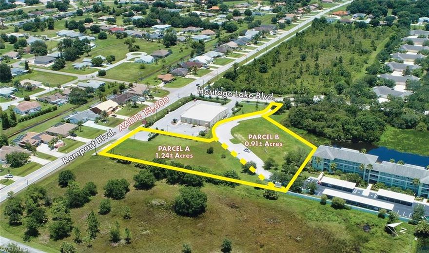 Rampart Boulevard Commercial is a rarely available commercial land development opportunity on Rampart Boulevard in Port Charlotte, Florida.

This 2.15± acre property is exceptionally suited and zoned for a variety of commercial uses. The site is comprised of two parcels, which can be acquired collectively or individually. Parcel A spans 1.24± acres with 150 linear feet of frontage on Rampart Boulevard. Parcel B covers 0.91± acres, running adjacent to Parcel A, making this a highly coveted opportunity for development.

The site features fully developed commercial pads, complete with water, sewer, and electricity already in place. With its strategic location and versatile zoning, this property presents an opportune investment for developers, business owners, and investors.

• Located in a robust residential area with very limited commercial land available.
• Commercial General (CG) zoning has a multitude of approved uses.
• The two parcels are available for separate or combined purchase.
• Located at the entrance to Heritage Lake Park, a 470 multi-family unit community.
• Adjacent to the property is Deep Creek, a 3,500 acre subdivision with 7,200 single family homes.
• High visibility and excellent ingress from Rampart Boulevard. Additional access through Willow Hammock Circle.