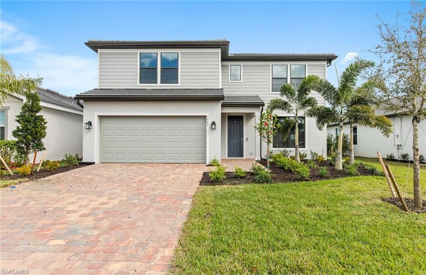 This stunning two-story Whitestone floor plan offers 4 spacious bedrooms, 2.5 bathrooms, a versatile den, and an airy loft, perfectly designed for comfortable and stylish living. Thoughtfully upgraded, the home features an oversized garage with a 4' garage extension, a pocket sliding glass door in the gathering room for seamless indoor-outdoor living, and impact windows throughout. The kitchen showcases white cabinetry, elegant quartz countertops, and upgraded tile backsplash. This home also includes whole house gutters. Nestled within a gated, 1,500-acre master-planned community, residents enjoy access to a 14,000 sq. ft. clubhouse with a lagoon-style swimming pool, a kids' wing and game room, fitness and aerobics center, Har-Tru tennis courts, bocce and pickleball courts, and a tot lot. With over 15 miles of scenic trails, an on-site activities director, the community offers resort-style living just 7 minutes from I-75 and under 15 minutes to downtown Fort Myers. Conveniently located near top-rated schools, shopping, dining, and SWFL International Airport.