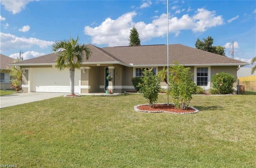 Located right in the heart of Cape Coral with quick access to Veterans parkway and a short walk, jog or drive to Jason Verdow Memorial Park. All the assessments are in and paid with the  Roof and A/c also being replaced in 2019! True split floor plan with vaulted ceilings in the living area and Tile plan flooring that looks like wood throughout the the main living area and kitchen and carpet in the bedrooms. Call and schedule your showing today.