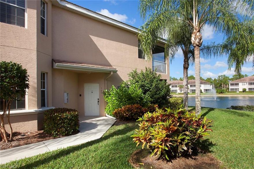 This first-floor, three-bedroom, two-bathroom end residence gets lovely morning light, especially in the sunny breakfast bay. Neutral tile on the diagonal in all the main living areas, extending through to the lanai. Granite in the kitchen, large laundry room with storage closet and single garage. Charming oval window in the guest bathroom.  Move-in ready with window coverings, freshly painted bedrooms and many ceiling fans. Delightful lake and fountain views from the lanai, conveniently located in the north end of Wilshire Lakes and adjacent to North Collier Regional Park with all its activities.