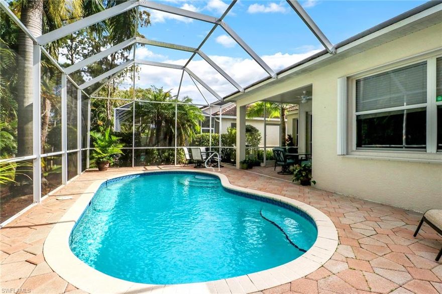 Beautiful villa with heated pool and Social Membership in desirable Brittany Place.  Brand new roof to be completed with approximate date of completion at the beginning of June. This villa has many custom upgrades including, brand new screened lanai, upgraded white cabinets, stainless appliances, granite countertops, tile throughout living area, window treatments, dimmers and fans and beautiful landscaping. Rolling shutters on the windows. Alarm system. 2 walk-in closets in master bedroom. Wood flooring in the den with an amazing built in office.