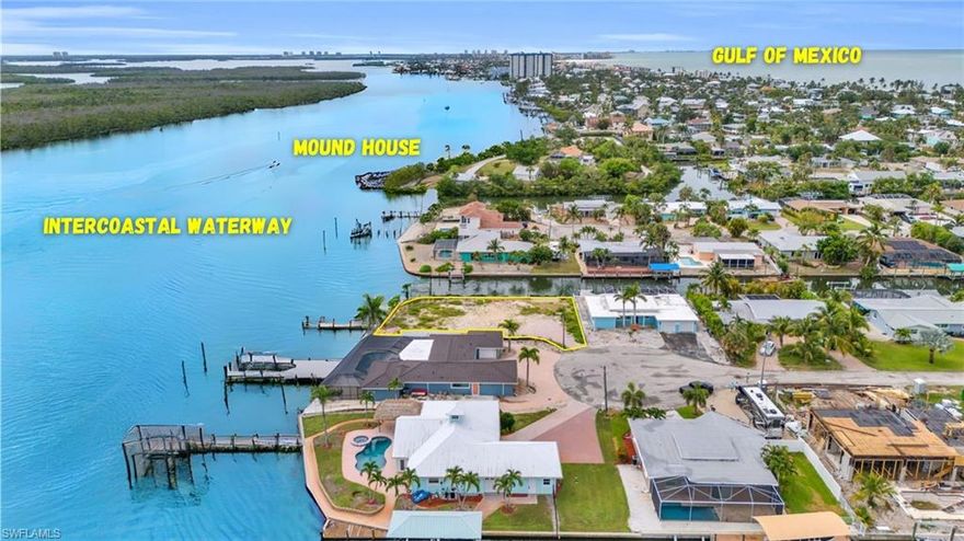 BOATERS BAYFRONT PARADISE. This PANORAMIC BAYFRONT location on the Intercoastal Waterway offers .23 ACRES / 10,106 sq ft of unparalleled opportunities for waterfront living. Boasting DUAL dock placements on the WRAPAROUND CANAL & BAYFRONT, making it the ideal canvas for your DREAM NEW CONSTRUCTION HOME.  Just a 5 minute Boat ride to the PIER District and Dozen Restaurants, Bars, Marinas and more. Indulge in the ultimate coastal lifestyle with this extraordinary GULF ACCESS parcel. MULTIPLE BUILDER INTRODUCTIONS AVAILABLE. Spanning an impressive footprint, this expansive lot provides ample space to create a custom-designed masterpiece that perfectly encapsulates your vision of luxury living. Imagine waking up to breathtaking sunrise views over the tranquil waters of the bay, with endless possibilities for outdoor recreation and relaxation right at your fingertips. Spend your days cruising along the bay, fishing in renowned fishing spots, or embarking on exciting maritime adventures – the choice is yours. In addition to its unrivaled waterfront location, this property boasts unbeatable convenience, with a short walk to the sugary sands of Fort Myers Beach, where you can enjoy endless days of sun, sand, and surf. Nearby restaurants, marinas, and recreational amenities add to the allure, providing a myriad of dining, shopping, and entertainment options just moments away. Whether you envision a lavish waterfront retreat, a stunning vacation home, or a lucrative investment opportunity, this oversized bayfront and canal front lot offers the perfect setting to bring your dreams to life.