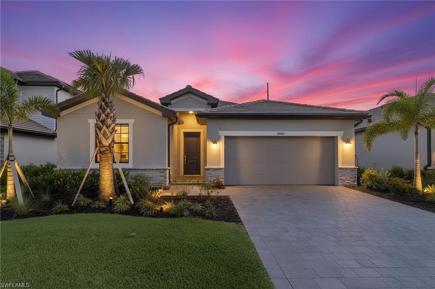 Built in 2024 and showcasing a clean, modern feel throughout, this like-new residence offers the rare opportunity to skip the builder timeline and step straight into a move-in ready home. With over 2,000 square feet, 4 bedrooms, and 3 full baths, the layout is both spacious and thoughtfully designed for everyday living and entertaining. The open-concept main living area creates a natural gathering space, with a well-appointed kitchen that overlooks the dining and living areas—ideal for hosting or simply enjoying the flow of the home. A split-bedroom design provides privacy where it matters most, offering flexibility for guests, a home office, or multi-generational living. Out back, a northeast-facing exposure sets the stage for soft morning light and a more comfortable outdoor setting throughout the day. The private, landscaped backyard feels tucked away, with plenty of space to relax now and even more room to create your own outdoor oasis—whether that’s a custom pool, expanded lanai, or both. Set within the gated Timber Creek community, residents enjoy a true resort-style experience with a clubhouse, expansive pool, fitness center, sports courts, and a full calendar of social amenities. All of this in a highly convenient Fort Myers location just minutes from shopping, dining, and RSW Airport. Clean, modern, and effortlessly livable—this is the kind of home that checks every box without the wait.