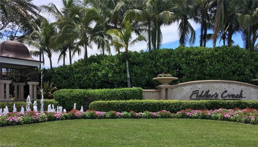 Fiddler's Creek is considered Naples Premier Country Club Community. Winding roads, bike and walking trails, lake and golf course throughout, and highlighted by the 54,000 square foot resort club for the exclusive enjoyment of the owners and their guests.
The intimate coach home neighborhood of Sonoma was crafted around a lake offering residents a tranquil view from their home or from the covered lanai. With 2,338 total square feet smartly designed on one level with 3 bedrooms, 2 baths and a 2 car garage, Sonoma is special.
Brand new air conditioning system installed February 25, 2020 and this home is packed with features.
Granite counter tops in the kitchen, stainless steel appliances, tile back splash, 42" raised panel maple wood cabinets, and designer faucet.  Sunny breakfast area, tile or hardwood floors throughout (no carpeting anywhere),  dining room, and a luxurious master suite nearly 20 feet long with his and her walk-in-closets, double vanities in bath and a separate shower and tub to luxuriate in. With crown molding, and ceiling fans, and a home that is only five years old, you don't want to miss this one. The owners are moving and the furniture is included.