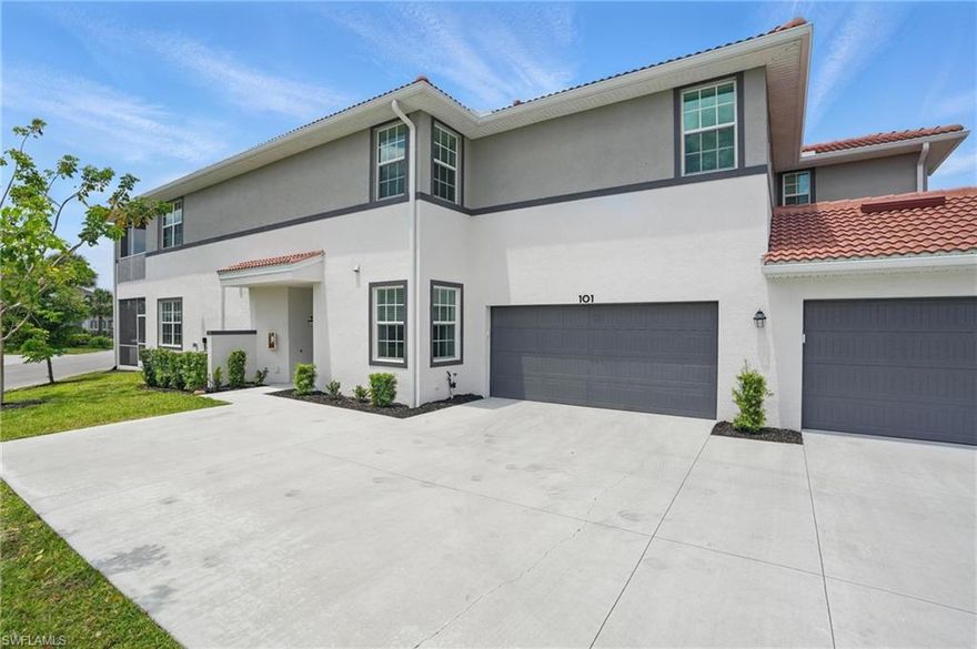 *First Floor, New Build Plan and Gorgeous!***Move-In Ready Coach Home in the Coveted Santa Luz at Gateway!** Welcome to your dream home in one of Gateway’s most desirable communities—Santa Luz! Built in 2023 and meticulously maintained, this beautifully finished first-floor coach home offers comfort, style, and unbeatable convenience. Step inside to find an open, sunny layout with large impact-resistant windows and sliders that flood the space with natural light. Enjoy peaceful mornings and relaxing evenings on your massive screened lanai, perfect for outdoor living any time of day, and tranquil sunsets. The home features a spacious two-car garage, sizable bedrooms, open great room. And, you're just steps from the community pool and gym—talk about easy living! Whether you’re lounging poolside or getting in a morning workout, everything you need is right at your fingertips. Santa Luz is loaded with amenities, and residents have the option to join The Club at Gateway, offering a signature golf course, resort-style pool, tennis, pickleball, and so much more. Water, Cable and Internet in your dues. And location? A No Flood Zone. You’re minutes from I-75, RSW airport, and all the shopping, dining, and entertainment the area has to offer. This home is truly move-in ready (yes, we said it), and priced to sell—don’t miss out on this unbeatable deal!