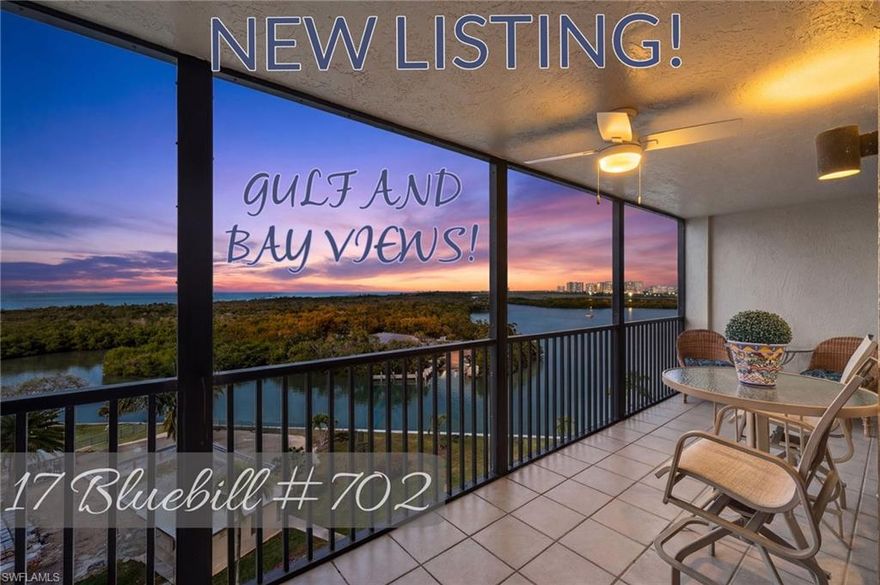 GULF AND BAY VIEW BEAUTY ON BLUEBILL!! Ready to enjoy, with turnkey furnishings included!! Come live the Naples "BEACH LIFE" in this move-in-ready, 7th Floor condo with sweeping views of the Gulf, the Bay and Delnor-Wiggins Park!! Short, easy walk to beautiful Vanderbilt and Wiggins Pass beaches. This condo is located in the most highly sought-after building, set at the end of the Peninsula, with a high elevation and huge waterfront parking lot with private parking for owners and guest parking galore!! Features a spacious lanai, attractive open floor plan, white kitchen with stainless steel appliances, wall of glass in the living room with 4 wide-panel sliding doors open to spectacular views of the gulf, the bay and Delnor-Wiggins Park, light neutral paint throughout. This condo includes 2 large suites with 2 private bathrooms; split floor plan provides privacy and comfort.  Each suite offers a spacious ensuite bathroom (one with double sinks and walk-in shower, the other with a tub/shower combo), fantastic gulf and bay views, each suite features 2 closets (one is a large walk-in) and direct access to the lanai. As a bonus, this condo is offered "turnkey" for convenience and immediate enjoyment!  From the comfort of your private and screened, westerly facing lanai, enjoy sunsets, dolphin watching, open breeze, bird watching, pelican feeding dives, boat watching and more!! Close and convenient proximity to shopping (including Mercato and Waterside), restaurants, downtown-old Naples, golf courses and much more!!! Amenities include massive swimming pool, gated community entry, secure lobby, grill area, tennis/pickleball/bocci, private storage locker, boat slips available for lease and/or purchase based on availability, beautifully kept grounds and so much more!! Newly-renovated elevators and swimming pool and pool deck being completed with known assessments paid by seller!!  Call for your private showing today!!