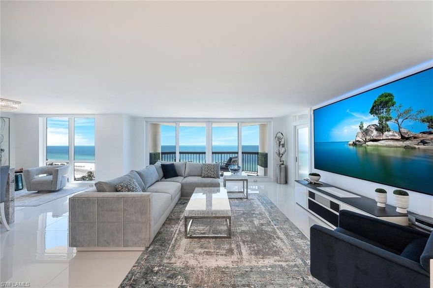 C10532-The most exquisitely finished Beachfront 3 Bedroom/3 Bathroom residence in all of Naples, showcasing unobstructed Gulf of Mexico 180-degree water views, as well as 2,623 sq. ft. of living space and three private outdoor balconies. Supremely positioned on the Tenth Floor in one of the most coveted buildings in the prestigious Park Shore area with amenities that include Doorman, 24-hour Security, Private beach access, Fitness Center, and all surrounded by 4.5 acres of landscaped green space. This unit has undergone an incredible 1.5-year remodel in which every inch has been meticulously curated to perfection. The level of craftsmanship and quality, with a combination of a well-thought-out floor plan and breathtaking amenities, is truly astonishing. From the high gloss 2x4 white porcelain tile, to 3-inch thick Quartz countertops, to the showstopping honed & backlit Agate accent walls.. this is the ONE. The Chef's Kitchen is fitted with Miele appliances, a waterfall Quartz Island, and handmade custom cabinetry. All 3 ensuite bedrooms have amazing Gulf views while the Primary suite also enjoys a private balcony and spa-like bathroom. This is coastal living at its absolute finest.