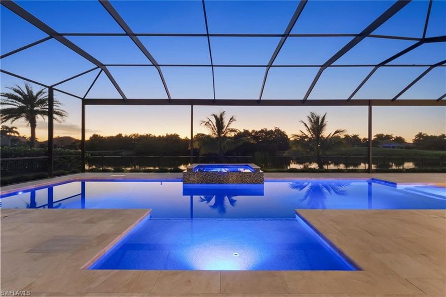 IMMEDIATE GOLF MEMBERSHIP AVAILABLE with this stunning custom home built by Florida Lifestyle. Elevated 16'1 feet above sea level and equipped with impact-resistant glass and a full-house generator, this home was meticulously designed for peace of mind and modern comfort. Every detail has been thoughtfully curated—from wide-plank Legno Bastone flooring to a 1,000-gallon propane tank, water filtration system, elevator, full security setup, and Sonos sound throughout. Beautifully furnished by Clive Daniel and Norris, this home is move-in ready for effortless Florida living. The chef’s kitchen is an entertainer’s dream, featuring dual porcelain islands, Thermador appliances, a wine refrigerator, and a spacious auto-lit walk-in pantry. A nearby bar area includes an additional wine fridge and seamlessly connects to the dining space for relaxed hosting.The luxurious primary suite offers a tranquil retreat with a custom ceiling accent, blackout shades, dual walk-in closets, and a spa-like bath with new shower heads and dual water closets. Two additional en-suite guest rooms are located on the main level in a split-bedroom layout, providing ultimate privacy.Take the elevator upstairs to a spacious fourth bedroom with double vanities and ample closet storage. This upper-level guest suite also features a lounge area, TV space, kitchenette, bar, and Sub-Zero wine cooler. The upstairs private screened lanai offers gorgeous golf views. On the main level, enjoy a generously sized laundry room with pull-out bins, extra cabinetry, a storage closet, and an additional refrigerator. The oversized four-car garage includes built-in storage, a refurbished four-seat “Hole In One” golf cart, and yet another refrigerator. For even more storage, a built-in mudroom with cubbies keeps everything organized. Entertain in style on the expansive lanai, featuring a beautiful wood ceiling, gas fireplace, covered lounging and dining areas, an air-conditioned pool bath, and a two-story panoramic cage. The fully equipped outdoor kitchen includes three TVs and custom drapes, creating an intimate yet chic setting for outdoor living. With western exposure and breathtaking water and golf course views, you’ll enjoy glorious sunsets from the gas-heated saltwater pool and spa.This home truly has it all—style, functionality, and luxury—ready for you to enjoy the ultimate Florida lifestyle.