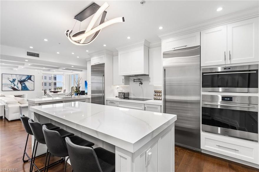 TEMPORARILY - SPORTS MEMBERSHIP JOINING FEE HAS BEEN REDUCED BY $32,000! Take advantage now of Gulf Harbour’s temporary reduction. For a limited time you can obtain a sports membership for a joining fee of $20,000. Welcome to Luxury Living at 14250 Royal Harbour Ct. #916 Discover the pinnacle of elegance in The Shores at Gulf Harbour Yacht & Country Club. FURNITURE or TURNKEY are options for this stunningly remodeled 3-bedroom, 2-1/2 bath condo has been meticulously redesigned from floor to ceiling, offering breathtaking panoramic views of the marina, Caloosahatchee River, and spectacular sunsets every evening. 2 of the bedrooms offer full ensuite baths. Step into an open-concept living space featuring beamed ceilings, custom Lutron hardwired blinds with valances, and Lutron-controlled recessed lighting throughout. The chef’s kitchen is an entertainer’s dream, boasting a Wolf Sub-Zero induction cooktop, Wolf Sub-Zero double oven
(convection and speed oven microwave ), Sub-Zero column refrigerator, column freezer, and dishwasher, a Brizo pot filler, and an oversized quartz island with seating and with 3-inch edging. Every detail exudes luxury, from the Woodland high-end custom cabinetry in the kitchen, bar, and bathrooms to the built-in Sub-Zero two-drawer refrigerator at the bar. The primary suite offers a spa-like retreat with dual comfort-height vanities, a freestanding Jacuzzi tub, and a walk-in shower with Brizo fixtures. The split floor plan provides privacy, with two additional bedrooms and beautifully updated half and full bath featuring a luxury Fergusons soaking tub. Additional upgrades include: New hardwood & porcelain floors (incl lanai), baseboards, and door frames, with walls and ceilings converted to smooth surfaces, Custom California Closets in multiple areas. All TVs hardwired through the ceiling, with connectability in main living space, kitchen and lanai for seamless room to room viewing. Hardwired internet to all tv’s and to 3rd bedroom, presently used as an office for gamers. New A/C, hot water heater, washer & dryer. This condo has over $500,000 in upgrades. Seller has all documentation. This building is only 23 years new and has already passed the Structural Integrity Reserve Study (SIRS) with no assessments. This is a comprehensive evaluation conducted by a licensed engineer to assess the physical condition, financial health, and long-term planning needs of a Condominium or Cooperatives common elements and infrastructure. The Gulf Harbour gated community is the pinnacle of resort style living, with the highest caliber tennis, golf, gym and other amenities, teams and programs, all in an unmatched waterside paradise. This is truly a one-of-a-kind Gulf Harbour residence where every square inch has been fully renovated. Experience the finest finishes, modern conveniences, and an unparalleled waterfront lifestyle that only this space can provide.