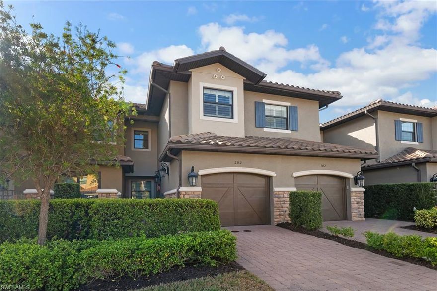 FULL GOLF MEMBERSHIP INCLUDED! LIVE A VACATION LIFESTYLE IN ESPLANADE! This highly upgraded “Bellisimo” 3 bedroom plus den, 2.5 bath, 2343 sq ft coach home lives BIG with a wide open floorplan with generously sized great room and spacious kitchen featuring Cambria quartz countertops, an abundance of cabinetry, pantry with custom shelving, under cabinet lighting, and GE Cafe stainless steel appliances including wine cooler. Never miss a sunset from the west facing screened 23’x10’ lanai overlooking the lake and 15th fairway. A long list of special features include: HURRICANE IMPACT WINDOW/DOORS; 16’ pocketing sliding glass doors to the tiled lanai; great room feature wall with LED fireplace, cabinetry, and shelving; 20" diagonal tile floors throughout the common areas and engineered wood floors in the Master Bedroom; white raised panel cabinetry with quartz countertops throughout; plantation shutters; custom closet shelving in all closets; crown molding & custom millwork; stained solid wood stairwell; special order lights/fans; finished garage floor; in-ceiling speakers on the Lanai, Great Room, and Master Bedroom; three tray ceilings; and more! This unit is located right across the street from the Montelanico pool and BBQ grills! Esplanade Golf & Country Club of North Naples is a true "Lifestyle Community" with something for everyone: resort pool complete with cabanas & poolside "Bahama Bar"; tennis; pickleball; bocce; Koquina Day Spa; fitness center; dog parks; 14 miles of bike/walking trails; 18 hole private golf course; 15,000 Sq Ft clubhouse featuring restaurant, bar, wine tasting room, wine lockers, & Starbucks style cafe!