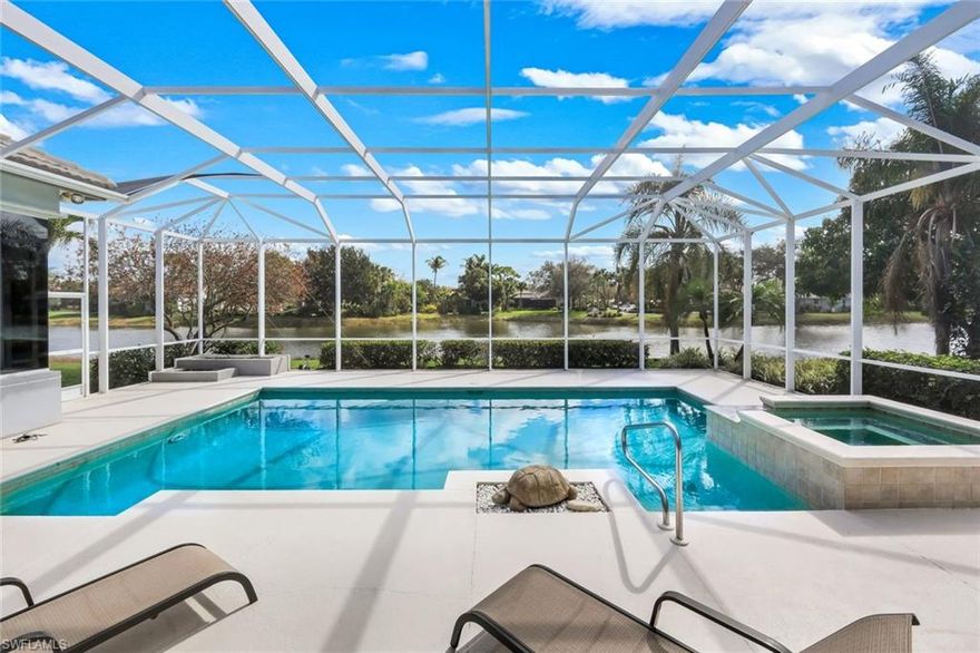 Perfectly positioned to capture stunning long lake views, this impeccably maintained Arthur Rutenberg Catalina II residence offers an exceptional blend of timeless design, comfort, and effortless entertaining. Featuring four spacious bedrooms, four full bathrooms, a private den, and a three-car garage, this thoughtfully designed home provides both generous living spaces and refined architectural details throughout.

From the moment you step inside, you’ll appreciate the soaring volume ceilings, elegant plantation shutters, and beautiful ceramic tile flooring throughout the main living areas, complemented by warm wood flooring in each of the bedrooms. Meticulously cared for and thoughtfully updated, the home includes a new roof (2017), new pool cage and screens (2018), and new air-conditioning systems (2020) providing peace of mind for years to come.

Designed with entertaining in mind, the residence features a formal dining room, inviting wet bar, and an expansive gourmet kitchen complete with 42-inch cabinetry, solid surface countertops, and sweeping panoramic lake views that create a beautiful backdrop for both everyday living and special gatherings. The open layout allows the chef of the home to remain connected with guests while preparing memorable meals.

Step outside to your private outdoor oasis, where a freshly painted pool deck surrounds the heated pool and spa, creating the perfect setting to relax, entertain, and enjoy tranquil waterfront sunsets.

Located within the highly sought-after community of Pelican Landing, residents enjoy an unmatched lifestyle across 2,400 acres west of U.S. 41 along scenic Estero Bay. The community offers an extraordinary array of amenities, including a 34-acre private beach island accessible only to residents, 12 Har-Tru tennis courts with a full-time tennis director, a state-of-the-art fitness center, pickleball, bocce, a canoe and kayak park, and a boat ramp. Golf enthusiasts will also appreciate 36 holes of championship golf at The Nest Golf Club, with both golf and social memberships available.