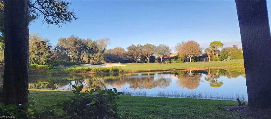 MORE PICS COMING SOON!  There really is NO better view in Pelican Sound. From the moment you enter, this home pulls you to the gorgeous lake and golf-green view right outside your new 9-foot-tall Cat 5 rated patio doors. The new Cat 5 doors are designed to give you the best use of your lanai space as the owners opted to put the 4 section doors on the exterior wall of the home and leave the sliding glass doors that separate the living area from the lanai. This has created a wonderful four-season room that can be air conditioned, or the 2 screened center sections can be opened to let in our ‘winter’ breezes!  The windows are also Cat 5 impact glass for your peace of mind. This home is light and bright with fresh paint in the entry and living area that gives a sunny and comfortable feeling!  This home has always been gently used and all systems meticulously maintained.  Owner has updated the master bath shower with a frameless glass enclosure and classic ‘penny round’ stone flooring. Both toilets are newer and Elongated COMFORT HEIGHT! High quality, newer MAYTAG washer and dryer; NEWER ceiling fans!  Open-plan kitchen brings everyone together no matter the event or gathering; Featuring granite countertops, newer ‘Insinkerator’ ¾ HP;  Amazing HALO WHOLE HOUSE WATER FILTRATION entails NO maintenance, and you will love the improvement in your water!  Offered partly furnished and includes quality mattresses and 4 lb density memory foam toppers too!  New roofs, new gutters and exterior paint in 2024. LOWER QUARTERLY FEES because of lower insurance costs! Pelican Sound is widely considered to be the best bundled golf in the region plus direct Gulf access!  Recently re-imagined and re-built River Club and Golf Club are debt free. The Golf Club and the River Club encompass 4  fabulous dining opportunities – the formal Vista Room for elegant dining and dancing; the Pelican Pub for indoor and outdoor food and fun; the Pavillion for covered and open-air casual dining!  Don’t miss the 5 large fire pit seating areas out on the patio!  Put in your own boat and enjoy beautiful scenery and bird life on your way to the Bay and the Gulf of Mexico. You can store your boat right in the secure storage area, for minimal cost.  Don’t want your own boat but love the water and the beach?  Hop on the community water taxi and take the most relaxing trip to our to scarcely used- except by the birds – Lover’s Key State Recreation Area, right on the Gulf!  It’s like living in a resort, offering world class pickle ball with 14 courts, great tennis facilities with 8 har-tru courts, plus bocce ball, 6 heated resort style pools, spas, and children’s and dog parks. Amazing, attended fitness center where you can even get PT!  Miles of sidewalks and trails to get fit out in the abundant Florida sunshine. Situated quietly west of US 41 on the scenic Estero River, yet very close to world-class shopping and restaurants and a short 15 minutes the SWFL airport too!