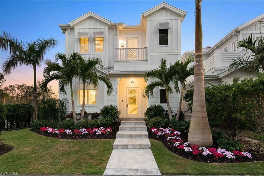 NEW Construction Olde Naples now ready for Immediate Occupancy.  This two story Coastal styled home located at 888 10th Ave S. The home features four bedrooms in the main house and a separate private guest suite above the garage. This spacious floor plan can easily accommodate a large family as well as your guests. Many of the stunning features of this home include 11 foot ceilings, Legno Bastone Flooring, UMI quartz countertops, Thermador Professional Series Kitchen appliances. Generous master bedroom suites and laundry facilities are located on both the first and second floors. This Olde Naples home has been perfectly designed for family, friends, and entertaining alike. The generous outdoor living space includes an outdoor kitchen that has a grilling area, a gas fireplace, retractable screens and sundeck which wraps the beautiful pool and raised spa. Three additional balconies provide some views of Naples Bay as well as the surrounding area and add additional space to this already fabulous floor plan. Located in truly one of the best areas in Olde Naples. From here, one can easily walk a few short blocks to Historic 5th Ave, 3rd Street S,The City Dock and Tin City.