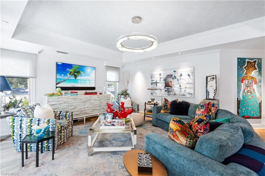 Anything but typical, this stunning Olde Naples property has been completely renovated, and the layout masterfully reimagined by Stofft Cooney Architects and Carrie Brigham Design. Described as “a design that liberates the soul”, the residence can be likened to a work of art, which in fact was the inspiration. Finishes include Legno Bastone wide plank flooring in the Vienna finish, large kitchen island with an Opala quartzite top offsetting the white gloss custom cabinetry, hand-cut glass backsplash, custom flooring detail in the study, an opulent master bath with Azul calcite countertops and marble-like porcelain tile floors. The well-equipped epicurean kitchen features an integrated Subzero refrigerator, refrigerator drawers, wine storage, and Wolf induction cooktop. At just over 4,500 sqft the residence spans the entire 2nd-floor offering generous living space that includes 3-bedrooms plus a den, 3.5-baths, expansive family room, lanai overlooking the pool, private elevator, and 2-car garage. The home is spectacularly located within walking distance of the beach and pier as well as fine shopping and dining at 3rd Street South and 5th Avenue.