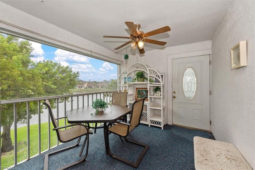 Enjoy LAKEFRONT living with Stunning NW views. Fully Furnished / Turnkey and ready for your Getaway. Home features plenty of space in this 2 bed/ 2 bath condo with large kitchen, kitchen table nook overlooking the lake, lake front screened lanai,  family room and an extra room that can be used as a formal diningroom or den/office.  The kitchen has lots of cabinets and countertop space, black and stainless appliances and a gorgeous glass tile backsplash. Includes a covered carport!  MYERLEE is a very active 55+ community with a resort style pool, hot tub, fitness center, shuffleboard and lots of social clubs.  There is a public golf nearby. Close to Fort Myers Beach, Sanibel, the international airport, fine dining, shopping, lakes partk, entertainment (BB Mann Center), and 2 universities.  The Community allows 4 rental per year if you'd like to make this an income producing rental when you are not using.  2nd Floor condo does not require flood insurance. Low fees of $480 per month.  Service/support pets and 1 indoor cat only.