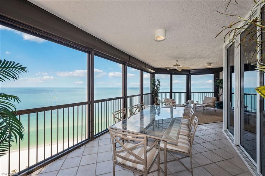 Beachfront high-floor end unit with cabana! This bright and light high-floor three-bedroom-plus-den with three-and-a-half baths sits directly on the beach in the private gated community of Bay Colony in Pelican Bay. Featuring unobstructed panoramic views of the Gulf of Mexico through floor-to-ceiling glass sliders off the main living area, separate breakfast area and master bedroom. This is a highly sought-after design which welcomes you into an elegant entry foyer and spacious living area boasting tile and carpet flooring, elegant moldings, lighting and trim. The open chef’s kitchen and den area offer plenty of room for entertaining family and guests including two full guest bedrooms, both with en-suite baths. Extra additional storage at garage level and a pool deck cabana. The Biltmore amenities include an impeccably renovated lobby with 24-hour staffed front desk, two guest suites, fitness, social rooms and a resort-style pool. Bay Colony residents enjoy the use of their own private beach club and restaurant, a tennis club, as well as the use of the amenities and beach clubs of Pelican Bay.