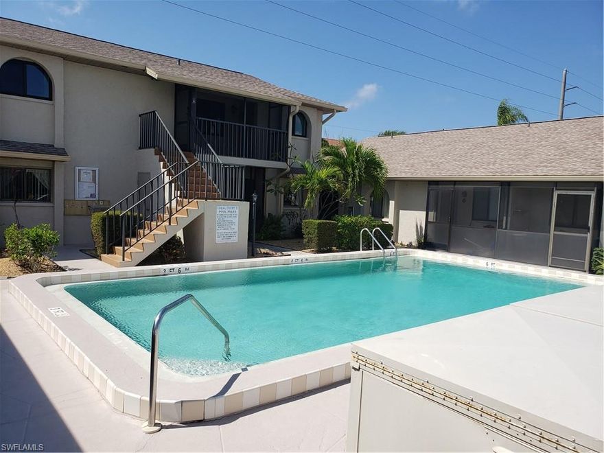 If you are looking for a low maintenance, nicely maintained and affordable 2 bedroom 2 bath condo in the great location of SW Cape Coral than do not miss this one! Step out the front door into your screened patio, or take a swim in the pool right outside your door. Condo is minutes away from shopping centers, grocery stores, downtown Cape, Cape Harbor and walking distance to Duffy's.