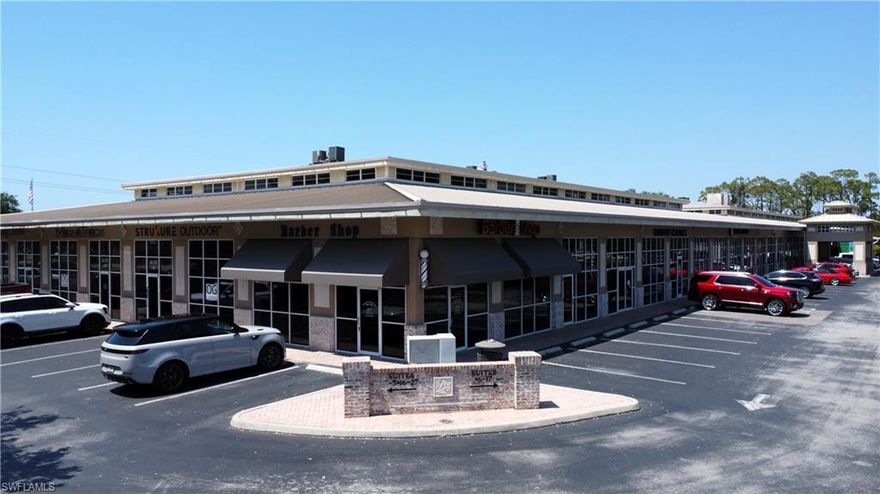 Available 2/1/2026.  Hard to find small showroom/office space in the heart of Bonita Springs.  778sf end cap space with frontage on Strike Lane (signalized corner).  High ceilings, large storefronts, natural light, and 1 ADA bathroom.  Pylon signage available.