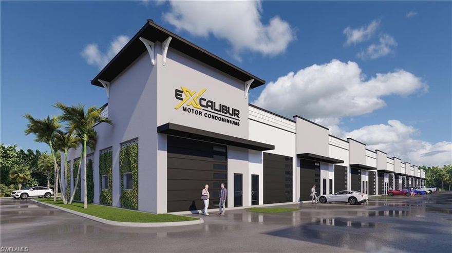 Excalibur Motor Condominiums offers many unique and robust standard features that are superior to most other ‘storage facilities’ in SWFL, at a lower price point, and that has made us one of the safest and best solutions in our market. Unit 119 is one of our standard units which offers a total of 1350 SF; that includes a 25x40 SF first floor and a 320 SF Mezzanine that sits 14 FT above the first floor, that can act as a Man-Cave or a She-Shed to gather with friends or an office away from home. Excalibur is an 100% concrete building rated for 170+ MPH wind.  It is built 20 ft above sea level, in FEMA Zone-X out of the coastal flood zone,  so in case of another hurricane like Ian or Milton, your valuables will be safe. It also includes multiple security measure such as 8FT Fence all around the parameter, 2 point of entry with cameras, with security lights and additional cameras strategically located all around the development that record all activity 24/7.  Each unit has individual climate control bolted to the roof, a Full Bathroom including shower, 220V / 200 AMP power in each unit, 16’ wide x 14’ tall segmented and insulated custom garage door as well as insulated impact glass entry door to allow light into each unit.  To facilitate the use of these units as office, each unit has its own address that can receive mail or parcels. Each unit also includes its own high speed internet connection and includes plumbing and drain on the second floor to facilitate addition of a wet-bar or kitchen.  Our fully concrete buildings are equipped with single-ply TPO roofing, renowned for its superior longevity and energy efficiency.  In the Second Phase we have larger units that are also available anywhere from our '1.33 Unit' which is 1,800 SF, to our '53 Footer' that is 1,695 SF with the first floor being 53 FT x 25 FT for RV owners, to our 'L-Shape Unit' with 2 garage doors, which allows creativity and additional room for toys at almost 2,000 SF and our deluxe Double Unit which has a total of 2,700 SF.  The Developer is also willing to work with you while in construction to create a unique unit that best fits your needs. Every unit comes standard with all the amenities mentioned above.  All this makes Excalibur the most unique and one of the safest development in SWFL to keep your luxury items and provide the owners with an absolute peace of mind.