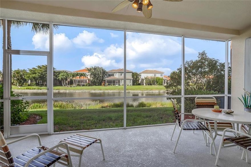 1st Floor LAKEFRONT Condo with Southern Exposure Lanai in Pebble Beach at Laguna Lakes. "Brentwood" Floor Plan is Light and Bright with 3 Bedrooms, 2 Full Baths and 1-Car Garage. Kitchen has solid wood cabinet doors with 42" uppers, roll-out drawers in the base cabinets, and are a nice neutral tone. Entire Home has locking ACCORDION SHUTTERS so you'll have peace of mind that your investment is protected. New Trane A/C System (2020) with Condensation Pump and Wifi-Enabled Thermostat you can control from your phone. Offered Furnished, Turnkey including a beautiful Tommy Bahama-style suite of living + dining room pieces. Laguna Lakes is an upscale gated community with sidewalks, gorgeous landscaping + an amenity center with resort pool, fitness and sport courts. Conveniently located near beaches, restaurants, grocery stores, library, Lakes Park, farmers markets, bike paths, schools, hospital and many doctor offices. (19 minutes to RSW Airport, 13 minutes to Fort Myers Beach, 12min to Sanibel Island Causeway, 3min to HealthPark Hospital.) Schedule your tour today!