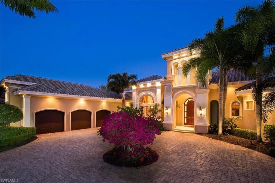 GOLF MEMBERSHIP SPOT WITH HOME! One of the finest home sites and location in Mediterra with amazing golf course views!! Spectacular details and finishes throughout the home. Stone and wood floors, soaring ceilings with exquiste woodwork, stunning windows, art niches, custom moldings and finishes.  Meticulous detail and perfectly maintained. Gourmet chef's kitchen is a showplace of custom cabinetry, professional appliances, extensive granite counters and stone details.  Large full service wet bar that is perfect for entertaining!   Relaxing oversized stone lanai with an outdoor fireplace and kitchen. Beautiful tropical heated pool and spillover spa with lush landscaping.  Spectacular Golf Course views! The home comes fully furnished and lavishly appointed. You must see it to appreciate it. Two Tom Fazio designed award winning golf courses and private beach club.