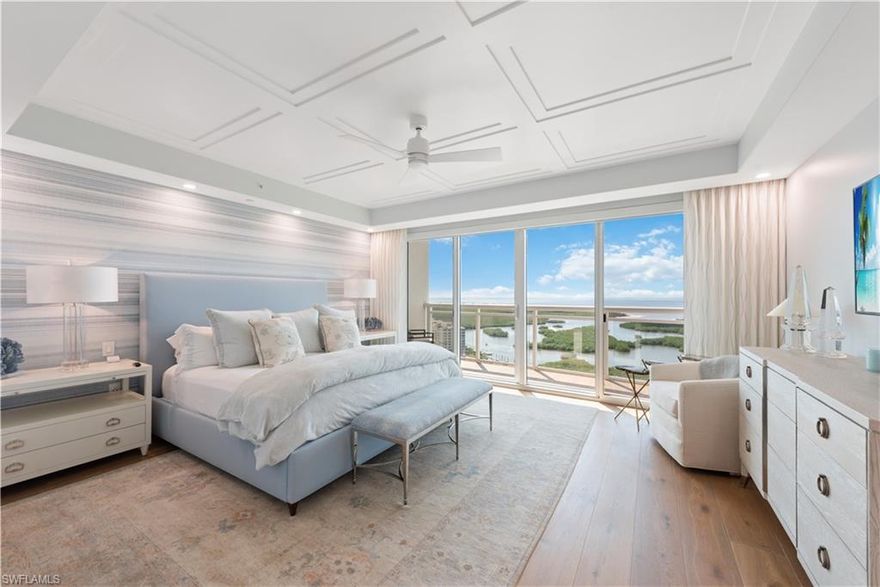 Rarely available Penthouse! designed by Lisa Kahn and featured in Florida Design magazine, this turnkey 4 bedrm 4 bath Penthouse offers refined architectural details, exquisite finishes,& a much sought-after private two-and-a-half car garage. Secured elevator access drops you right inside this welcoming floor plan featuring abundant natural light, European oak wood floors, expansive wide-open living spaces, & a generous oversized lanai. A natural flow connects the great room to the outdoors & showcases impressive views of the Gulf and marina. Entertainers will embrace the incredible gourmet kitchen with a Wolf Appliance package, including natural gas cooktop, Sub Zero refrigerator, and wine storage. The calming Mstr Suite provides sliding glass doors to view the gorgeous sunsets.Mstr bath has relaxing soaking tub, large shower and dual vanities. 2 guest en-suites include king-size beds and elegant finishes. 4th bedrm includes private balcony. Kalea Bay is the most sought-after condo development in Naples. With its resort 88,000 luxury amenity center, tennis and pickleball courts, three pools, two restaurants, outdoor and indoor bars, adult only pool, and a dedicated kids’ area.