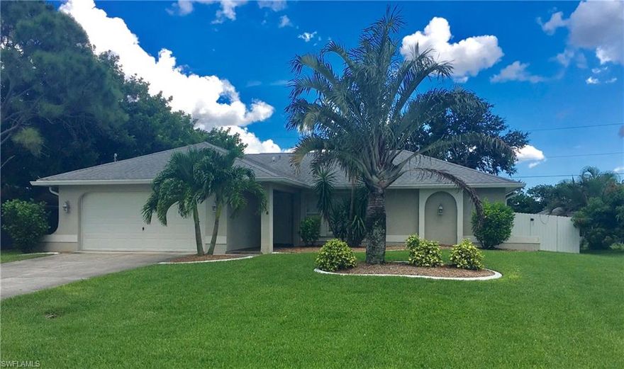 Make us an Offer on this Great 3 Bedroom, 2 Bathroom 2 Car Garage CBS Home in Wonderful Location in Beautiful Cape Coral. Home has much to offer with a 2017 Roof and Nice Fencing in Back yard installed 2017. Great Open Floor Plan with Sliders out to Screened Lanai. Tiled Throughout. Hurricane Shutters. Good Size Covered Entrance. Nice size Fenced Back yard and the Lawn is nice and Green and well Landscaped Front and Back. City Water.