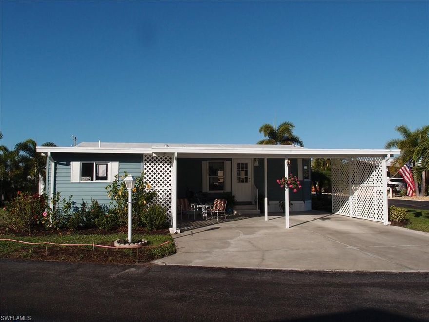 Well maintained bright and airy furnished home in a gulf access community with many amenities. This home features a corner landscaped lot with fruit and palm trees, an enclosed sun porch, an outside patio, large shaded carport and an additional enclosed storage area or workshop. Inside it offers an open floor plan, separate dining area off the kitchen with built in cabinetry and a desk, breakfast bar and a large master shower. The community has gulf access via a community boat ramp, pool and spa, bocce ball, pickleball, shuffleboard, fishing and a community center.