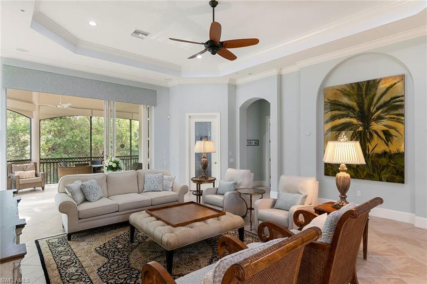 Immediate golf membership available. Designed for elevated living, this refined second-floor coach home in Calabria at Mediterra offers the rare opportunity for immediate golf membership and an effortless luxury lifestyle in one of Naples prestigious private communities. Encompassing 2,873 square feet of air-conditioned living space and 3,886 total square feet, the residence welcomes you with a gracious foyer framed by glass French doors and elegant tray ceilings. Thoughtful architectural details, including crown molding throughout, solid-core doors and enhanced recessed lighting, create a timeless foundation of quality and craftsmanship. The expansive great room is filled with natural light and seamlessly connects to the outdoors through 10-foot sliding glass doors, revealing tranquil preserve views that provide privacy and a lush backdrop year-round. The open design flows naturally into the kitchen, where stone countertops, a tile backsplash and a walk-in pantry complement a well-appointed suite of appliances. A wine refrigerator adds a sophisticated touch for effortless entertaining. The primary suite is a private retreat, enhanced by tray ceilings and direct lanai access through 10-foot sliders. The spa-inspired bath features dual vanities, a soaking tub, a frameless glass shower with listello tile detail and a generous walk-in closet. Two additional guest bedrooms provide comfort and privacy, while a dedicated office with wood flooring offers a refined work-from-home environment. Tile flooring extends throughout the main living areas and baths, with carpeting in the bedrooms for added comfort. Additional features include a private elevator, a two-car garage with epoxy flooring, custom window treatments, custom light fixtures, a 2022 hybrid water heater and two HVAC systems installed in 2022, providing efficiency and peace of mind. As a resident of Mediterra, enjoy a lifestyle defined by distinction. Membership includes access to two Tom Fazio-designed championship golf courses, a newly renovated private Beach Club along the Gulf of Mexico, resort-style pool and dining, state-of-the-art fitness facilities, tennis, pickleball and an active social calendar. Calabria offers an intimate neighborhood setting within this award-winning gated community. Enjoy toes in the sand and golden sunsets at Mediterra's fully renovated private Beach Club. Imagine arriving to have your car valet-parked and lounge chairs and umbrellas waiting for your arrival or set up upon your request. In award-winning community of Mediterra, you can have it all with 36 holes of Tom Fazio championship golf, Har-Tru tennis courts, pickleball, bocce and a new Sports & Lifestyle Center coming soon! Enjoy this thoughtfully crafted retreat where elegance, comfort and modern convenience are all just moments from Naples world-class beaches, dining and shopping. Begin enjoying the Mediterra lifestyle without delay.