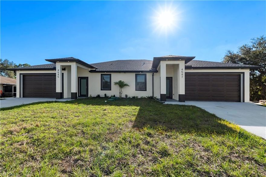 This new construction duplex features two identical units, each offering 3 bedrooms, 2 bathrooms, and a 2-car garage, located in the growing community of Lehigh Acres. Each unit provides 1,198 square feet of living area, thoughtfully designed for comfort, functionality, and long-term value.
Both units come fully equipped with brand-new stainless-steel appliances, including a washer, dryer, microwave, refrigerator, dishwasher, and oven—making the property truly move-in ready.
The home is built with impact-resistant doors and windows throughout, offering enhanced safety, energy efficiency, and peace of mind. Interior finishes include large-format porcelain tile flooring (24×24) throughout the entire living space, complemented by 24×48 porcelain tile on the shower walls, delivering a sleek, modern aesthetic that is also easy to maintain.
This property is ideal for a first-time homebuyer seeking to live in one unit while renting the other, or for an investor looking to rent both units. With strong rental demand in the area, the duplex offers the potential for reliable rental income of at least $2,000 per month.
A rare opportunity to own a new construction, low-maintenance duplex that offers flexibility, durability, and excellent income potential.