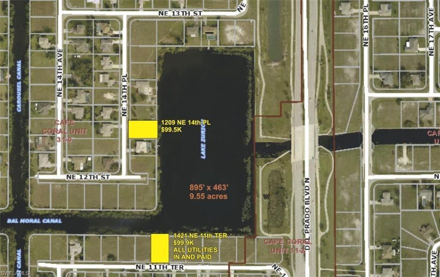 I had six lots on this side of the lake, this is the LAST ONE LEFT. GIANT LAKE VIEW, UTILITIES ARE PAID, INCLUDING EXPANSION FEE, a $28K+ value! View is everything for everyday quality of life, and you'll have a great view of Lake Zurich from this beautiful lakefront lot. BIKE FRIENDLY location, cycle to all the shops and restaurants crossing UNDER Del Prado Boulevard on the adjacent dedicated bike trail - part of 90 MILES of interconnected bike trails in the Cape. A choice of three seawall types on this freshwater location gives you great economic latitude. NEWLY PAVED STREET. EXPLOSIVE retail growth on nearby Pine Island Road means all the shops and services you want are in easy reach. It's the new center of Cape Coral, and you'll have a lakefront seat. Boat to seven other lakes on miles of canals, or just enjoy your own back yard. EVERY HOME ON THIS LAKE SHORE WILL BE NEW, shouldn't yours be one of them? 2021 tax bill (PAID) is $757.82, not the $2800+ folks with Utility and Expansion Fee balances are paying.