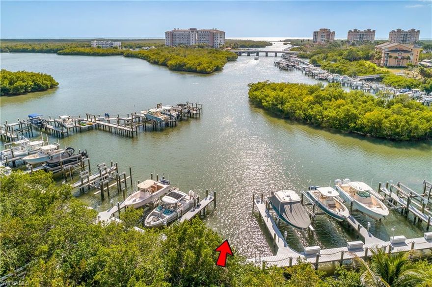 Direct Gulf access out Wiggins Pass - straight shot only 10 minutes to the gulf. The largest slip in the Marina
(1051sf.). Easy access only steps away from the dock access door and close to parking. New construction
completed in 2025. The marina has security cameras and wifi. Cocohatchee River Park Marina is close by for gas and pumping station. Consider a condo in adjacent Bequia at Cove Towers just steps away (MLS#225040057). Make it a package deal.

24,000lbs. lift with 4 motors and Gem remote has 4 bunks and ladder with handrail. Lift is in storage and ready to be installed by the buyer. 

If the buyer does not want a lift the sale price will be reduced $25,000.-