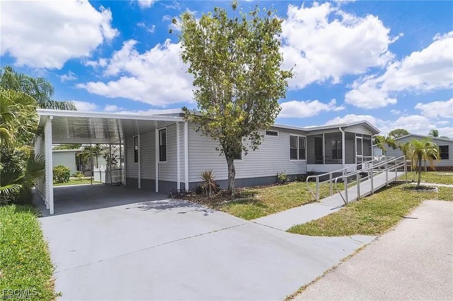 Rare 3/2 ADA-accessible manufactured home in the 55+ Country Lakes Community. 1,440 sq ft of living space with enclosed Florida room, screened front porch, rear open porch, covered carport, and fenced yard. Wheelchair ramps at front and rear entrances; grab bars in primary bath. Outdoor shower.

Community amenities include clubhouse, pool, tennis, pickleball, bocce ball, shuffleboard, fishing pier, dog park, RV/boat storage (first come), and active social calendar. Convenient to I-75, RSW Airport, Fort Myers, and Sanibel beaches.
Rent: $1,375/month
Security Deposit: $1,375
Pets: Allowed. $50/month per pet, max 2, 30 lbs max.

"Equal Housing Opportunity"