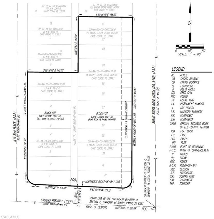 **CITY-OWNED PROPERTY** This property is required to be listed for a minimum of thirty (30) days prior to bringing a contract before City Council for approval.     

Positioned at the highly visible northwest corner of Burnt Store Road and Embers Parkway, this exceptional vacant commercial site offers a rare development opportunity within one of Cape Coral’s rapidly growing corridors. With additional frontage along NW 32nd Place, the property provides multiple points of access, prominent corner exposure, strong traffic visibility, and substantial frontage along three roadways. Located approximately one mile east of the future 7 Islands development and serving as a southern gateway to the area, the site is well suited for a variety of commercial uses, subject to restrictions, zoning and approvals.

The offering consists of approximately 2.8± acres of vacant commercial land, including a platted alley within the site that has been successfully vacated by the City, allowing for a more efficient and cohesive development footprint, as reflected in the boundary survey.

This strategically located the property represents an outstanding opportunity for developers or investors seeking a high-profile commercial site in a rapidly expanding market.

This property is subject to the City of Cape Coral’s North 3 Utilities Extension Project (UEP). All interested parties should independently verify assessments, costs, and implementation timelines with the City prior to submitting an offer.

See supplemental attachments in MLS for Restrictions.