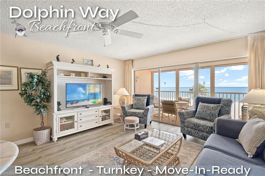 DEAL TO MADE HERE!!! DOLPHIN DREAMS BEACH CONDO!!.......LOWEST PRICED 2 BEDROOM BEACHFRONT CONDO WITH DIRECT GULF VIEW!!...... ALL ASSESSMENTS PAID BY SELLER!! ...... BEACHFRONT!! QUARTERLY FEES WENT DOWN BY APPROXIMATELY $1,000/QUARTER STARTING QUARTER 2!! Beautiful 2 bedroom, 2 bath condo right on the white sand shoreline of Bonita Beach!! This move-in-ready condo is being offered at a standout value with turnkey coastal furnishing included so you can enjoy from day 1! Hear the waves from your private lanai and soak in the sunset as you enjoy the best of what beach life has to offer. Features of this beautiful condo include porcelain tile and laminate floors throughout with no carpet, open kitchen, large master suite with en-suite bathroom, views to the gulf and private access to the lanai; large second bedroom, convneiently located guest bath; a light and bright open floor plan and so much more! There are electric storm shutters on the lanai to boot! Dolphin way is a highly sought after, gated condo community with a rare beachfront community pool and tennis court!! As an added bonus the seller is paying all assessments in full prior to closing!!! Call for your private showing today and start living the good life!!
