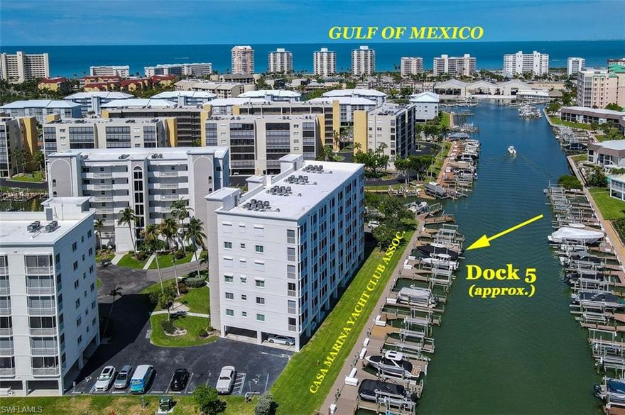 Part of the Casa Marina Yacht Club association, this dock is located behind building 4 at Casa Marina (4341 Bay Beach Lane) and is on the main channel in the Bay Beach area. The dock has an approximate 10,000 lift. (Buyer to verify). Handy walkboards.  Casa Marina's convenient location means you could be boating in the open waters of the Gulf of Mexico in approximately 15 minutes or travel Estero Bay to our fun north end waterfront restaurants, bars, etc. Estero Bay fishing is only minutes away. 2026 annual Casa Marina Yacht Club association fee: $1500.00 (including taxes, water and electric). Sales application fee: $150. $250 one time impact fee. Must be an owner on Bay Beach Lane to purchase