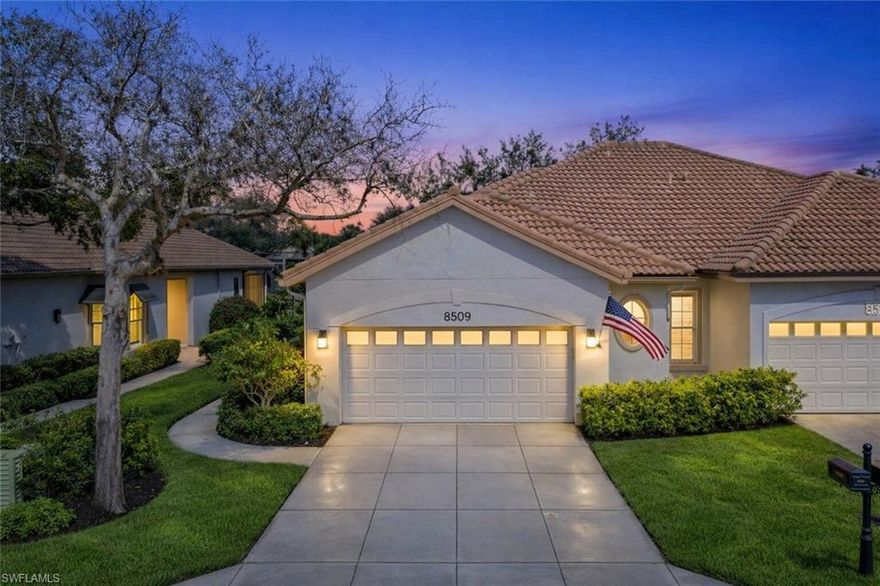 Located within the highly sought-after Fairway Bend Village at The Vines, 8509 Fairway Bend offers relaxed Southwest Florida living in a warm and welcoming country club setting. This 2 bedroom + den, 2 bath attached villa enjoys beautiful lake and golf course views with desirable southern exposure, filling the home and screened lanai with natural light throughout the day. Lovingly maintained by its original owners, the residence reflects years of thoughtful care and pride of ownership. Designed to live like a single-family home, the spacious layout provides both comfort and privacy, paired with maintenance-free convenience ideal for seasonal or year-round living. A two-car garage adds everyday functionality and storage. The kitchen flows easily into the dining areas and main living space, creating an inviting setting for daily living and entertaining, enhanced by updated stainless steel appliances and open views to the lake and fairway. The private primary suite offers lanai access, a walk-in closet, and an ensuite bath with dual sinks, soaking tub, and separate shower, while the split-bedroom design ensures comfortable guest accommodations. Recent updates — including a newer roof, A/C, garage door opener, and refreshed appliances — provide added peace of mind. Meticulously cared for and exceptionally priced, this home presents an outstanding opportunity to enjoy immediate comfort while updating over time to reflect your personal style. Fairway Bend residents enjoy a private community pool along with access to Estero Country Club’s championship golf, tennis, pickleball, fitness, dining, and vibrant social calendar. Ideally located near premier shopping, dining, and RSW Airport, this villa offers the perfect balance of easy living and everyday convenience within one of Estero’s most established golf communities.