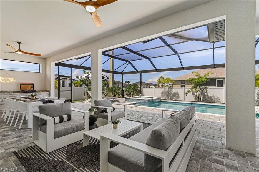 SHORT TERM POOL HOME AVAILABLE MAY 1ST FOR $4,500/MONTH. 6 MONTH MINIMUM. This newer construction, beautiful furnished residence features 3 bedrooms + den, 3 full baths, a spacious open-concept floor plan with custom kitchen, luxury granite countertops, abundant closet space, and stylish finishes throughout. Enjoy true Florida living with your private screened-in pool and spa, perfect for year-round relaxation and entertaining. The split-plan layout offers privacy, comfort, and plenty of natural light, while the generous outdoor lanai with screened pool deck, outdoor kitchen, and fire pit area create an ideal space for morning coffee, sunset dinners, or evening gatherings.
Located just minutes from shopping, dining, beaches, parks, and local attractions, this home captures the very best of the Cape Coral lifestyle, with easy access to beautiful destinations like Sanibel and Fort Myers and the local amenities that guests love in sunny SWFL!
Move-in ready and designed for comfort, convenience, and memorable Florida living. **Tenant is responsible for pest control, pool service, water, electric, Wi-Fi, and cable. Owner pays lawn care and landscaping.**