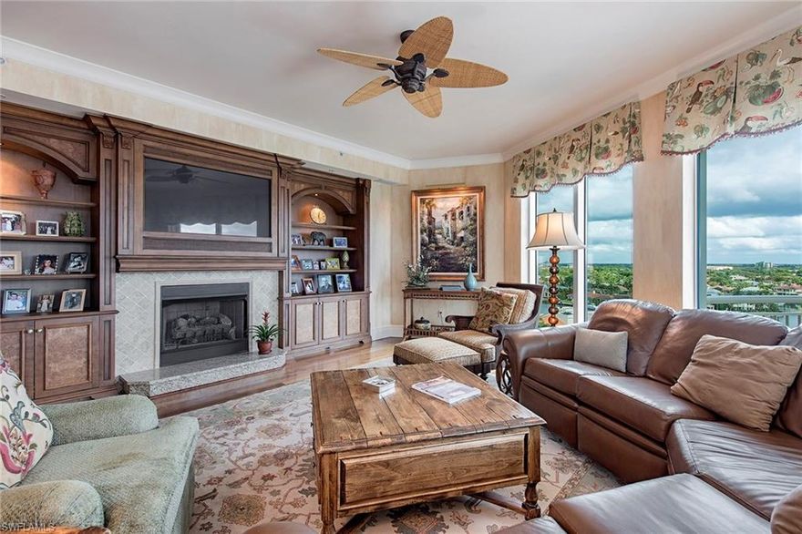 Enjoy Gulf of Mexico, Venetian Bay and city views from this ideal elevation in Aria at Park Shore! This residence encompasses over 4,000 square feet of living area including three bedrooms, a den and plenty of outdoor space with three terraces. The well-designed kitchen and adjacent family room with fireplace open to a balcony perfect for capturing sunrise at its best. The master suite features dual closets along with a bath area with views of the Gulf. Graciously appointed and neutral background finishes along with the impeccable condition will please the most discerning of buyers. Aria is the grand finale on Park Shore Beach with wonderful amenities including natural gas, nearly 10-foot ceilings, two parking spaces, a social room with a catering kitchen, state-of-the-art fitness room, billiards room, two guest suites and additional storage. Aria is pet-friendly, allowing two dogs of any size and is only moments from Venetian Village dining, shopping and entertainment. Park Shore residents may purchase or lease boat slips located across the street.