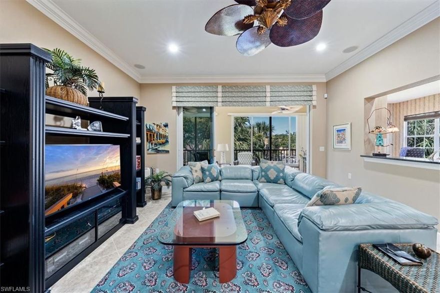 Buy this unit and become premier golf member for an additional $115,000. This "Dorchester" floor plan end unit boasts 3 bedrooms + Den, 3 bathrooms, 2 car garage & over 2,700 sf under air! As soon as you enter this unit you will enjoy the 24-foot coffered ceiling foyer w/crown molding & huge entry windows. The kitchen offers abundant cabinetry, granite countertops, breakfast area as well as a formal dining room. Tastefully decorated w/neutral furnishings & finishes, you’ll love thoughtful features such as 9’ doors, Lexan enclosed lanai w/hardwood floors for year round enjoyment, 20” tile on a diagonal, spacious primary & guest bedrooms, oversized 2 car garage w/overhead storage & cabinetry, PRIVATE ELEVATOR from garage & NEWER AC (2022). Perfectly located just steps to the neighborhood pool & RIVER PARK where you can launch your private boat, kayak or canoes to the Estero River & Gulf of Mexico This home is offered furnished & MOVE-IN ready! West Bay Club has an 18-hole championship golf course, private, full-service beach club w/ dining on the Gulf of Mexico, dog park, pickle ball, playground, basketball court, Jr-Sized Olympic pool, fitness center & tennis club w/ Har-Tru courts.