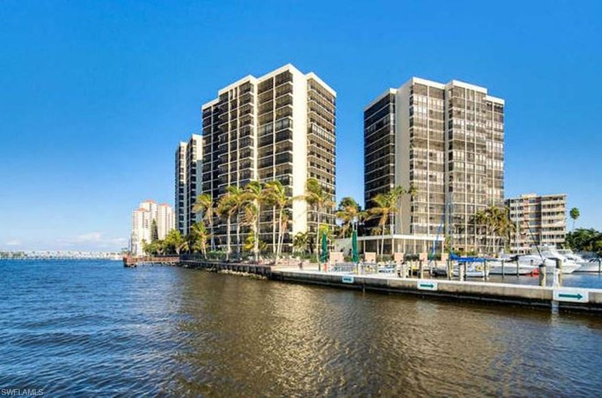 Nowhere in the Downtown area will you find 3,000± square feet of high-rise living with 5 bedrooms  (including 2 master en suites) and 3 full baths - plus over 800 square feet of screened-in lanai.  Enjoy your morning coffee watching the sunrise over the City from your back lanai.  Enjoy the view down river and overlooking the beautiful grounds of the Edison Estates from the side lanai; then relax and enjoy the evenings and breathtaking sunsets over the river from your front lanai.  And of course, when it comes to Downtown, it's all about walk ability!  Walk to the entertainment district with its shoppes, restaurants, galleries and numerous events...even walk to Publix and the Farmers Market!  This condo is waiting for you to come in and make it your own; there are endless decorating possibilities to make this unit a showplace! Pointe Royale, the Great Dame of the River, includes gated 24-hr manned security, a riverfront pool, clubhouse, tennis, fitness center, fishing pier and an on-site manager. Association is financially strong w/reserves. This condo not only has electric shutters all the way around but it has a new AC and hot water tank. Don't miss it!