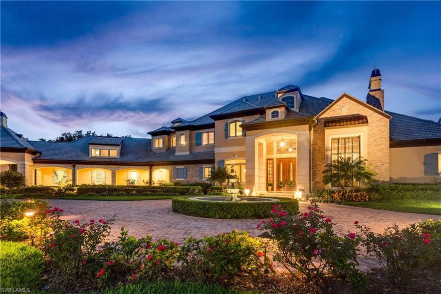 Sought after gorgeous long lake and sunset views!  This former “Home & Condo Dream Home” sprawls over 1.34 acres of beautifully landscaped grounds.  Designed as a Timeless French Country Manor, the interiors have recently been redesigned to add a light and airy transitional flair.  Meticulously maintained, this home has extensive custom mill work and marble, slate, tile and wood flooring throughout.  The Grand Living Area features 25 ft. ceilings, fireplace with floor to ceiling stone and a sweeping marble staircase.  Spacious Butler Pantry opens to both Formal Dining area and Chef’s kitchen. Large Family Room has separate Family Dining space.  Large Master Suite has sitting area, morning bar,  and His and Hers baths. Main House has 6 Guest BR’s with ensuite baths (one BR is being utilized as an exercise room).  Caretaker cottage has full kitchen, BR and BA.  Other features include a home theater with wet bar, game room with wet bar, walk-in wine cellar, library/office with fireplace, elevator and whole house sound.  Entire lanai is screened, housing a large negative edge pool, separate spa, water fountain and tons of room to entertain.  5 car AC garages + lots of storage space.