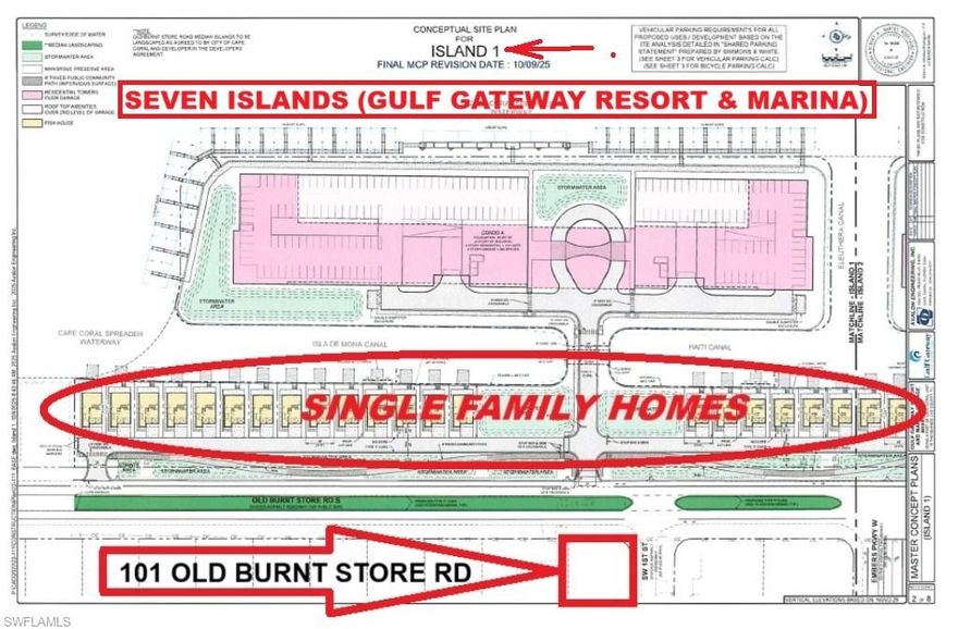 LOCATION! Corner lot near Sirenia Vista Park and across from the Gulf Gateway Resort and Marina (aka Seven Islands). Enjoy the amenities of the future Resort to break ground this Spring on the Seven Islands across the street without paying HOA fees. Restaurants, shops, and green space areas will be open to the Public. Your future home will be buffered by the single family homes on the front of the resort along Old Burnt Store RD. Many nearby homes sell in $1-2M price point. City utilities are in with small balance remaining on assessments. Imagine being able to walk to dinner across the street at the Resort. You're also just a short walk to enjoy Sirenia Vista Park, Tropicana Park now under construction, and Joe Stonis Park. These 3 parks provide FREE amenities of Pickleball, Tennis, Exercise equip, walking paths, kayak launch and much more. Nearby are the Burnt Store Boat Ramp, Publix, Walgreens, and popular Restaurants such as Blue Dog and  Micelis, popular restaurants and watering holes. Balance of unpaid utility assessments is $8,744.39 per City's website as of JAN 2026.
