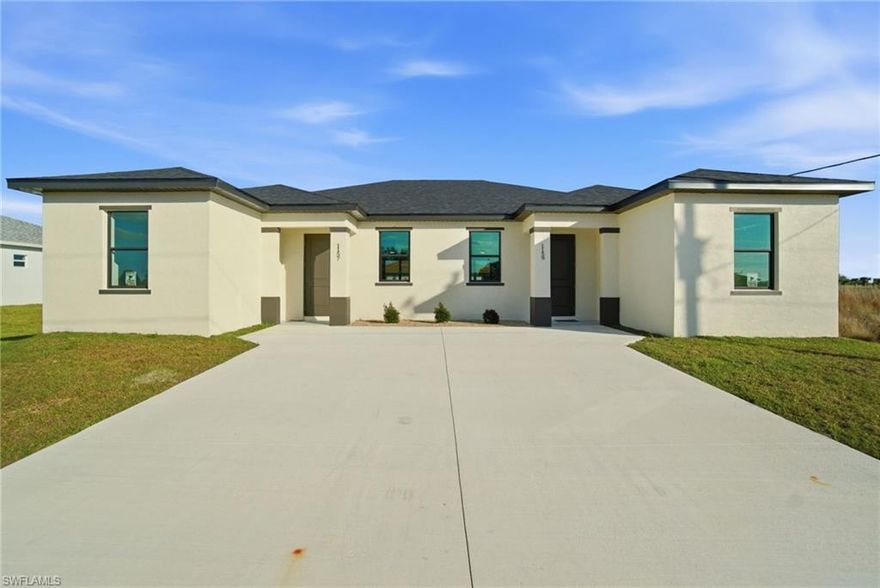 Brand-new 2025 construction duplex located in a fast-growing area of Lehigh Acres—an exceptional opportunity for both investors and owner-occupants. This modern property features two well-designed units, each offering 2 bedrooms + den and 2 full bathrooms, providing flexibility for a home office, guest space, or additional living area.

Each unit showcases an open-concept layout with contemporary finishes, including quartz countertops, impact-resistant windows and doors, and quality flooring throughout. Bright and spacious interiors are complemented by thoughtfully designed kitchens and comfortable bedroom layouts.

Never lived in and move-in ready, this duplex offers the advantage of new construction without the wait. Competitively priced compared to similar properties in the area, it presents strong rental income potential and long-term value.

Ideal for investors seeking immediate income or buyers looking to live in one unit while renting the other. Conveniently located with easy access to major roads, shopping, and dining.