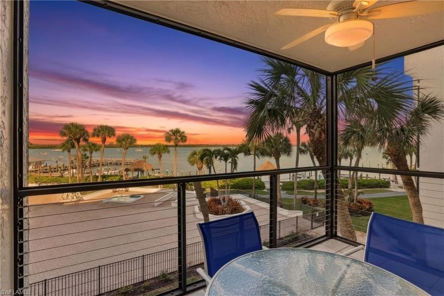 Come and experience island living at its best at Riverside Club, a gated community, and the jewel of Marco Island!  The wide water views will never cease to amaze you; offering a serenely beautiful view every single day and night.  Whether it is your morning coffee or favorite cocktail, you will be amazed by the dolphins displaying their whimsical talent, the variety of feathered friends fishing and a plethora of other wildlife to observe.  The boat traffice passing by Riverside Club is pure entertainment to experience.  You will have the opportunity to experince the Key West Express and the Marco Island Princess on a new level as they pass by, ever so closely, to dock at the Rose Marina.

This unit has been completely updated!  Riverside Club's maintenance fees include electric, yes, you heard that correctly...electric is included!  With direct access to the Gulf, you can arrive in about 10 minutes.  Lease a boat slip for $400 per year; and a locked boat storage yard is onsite.  Fish directly from the docks; get competitive at the Pickleball and Tennis courts.  Riverside Club offers 2 lap pools and 2 spas.  Pelican Pier is on the property here; plan to meet your friends for a Happy Hour!

Riverside Club is within walking distance to boat and bike rentals and to the World-Famous Snook Inn--Waterfront Dining and many other restaurants and shops. Rose Marina is less than a mile away, this marina is the launch site for the Key West Express and they offer boat rentals as well. All new impact resistant windows, sliders, and lanai cages have been installed.