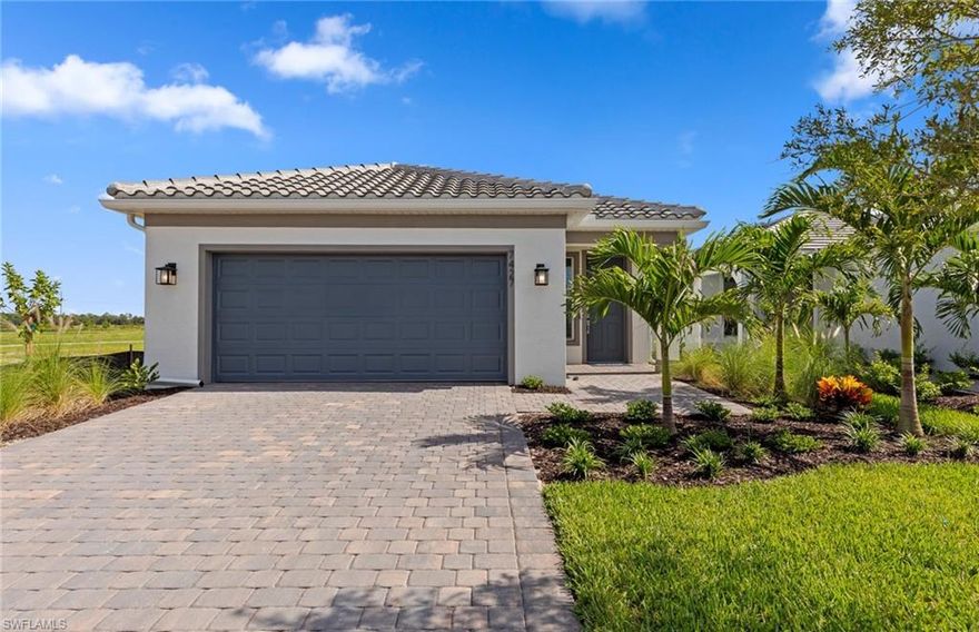 Move to Del Webb Oak Creek! This brand new Hallmark home is move-in ready! This home features 2 bedrooms, 2 baths, plus den and 2 car garage. Features stainless appliances, open kitchen and gathering room, quartz counters, stylish kitchen backsplash tile, white wood cabinets throughout, porcelain 22x22 tile floors and 8' doors throughout, laundry room upgrade, walk-in shower in owners suite and secondary bath, impact windows & doors, garage epoxy finish flooring, screened-in covered lanai & more! Oak Creek is Del Webb’s newest 55+ community, situated in North Fort Myers. Homeowners will benefit from it being a natural gas, gated community with vacation-inspired amenities such as a resort style pools and spa, clubs and activities, a restaurant and covered Tiki, and a fulltime lifestyle director. Just beyond the gates homeowners can find shopping and dining, explore Fort Myers River District, relax on the Gulf Coast beaches, and experience new recreational activities while still being only minutes from everyday conveniences. Pickleball, Bocce ball, amenity center, and the resort style pool are now open! The Oak House grill & bar, and tiki seating area will be opening soon.