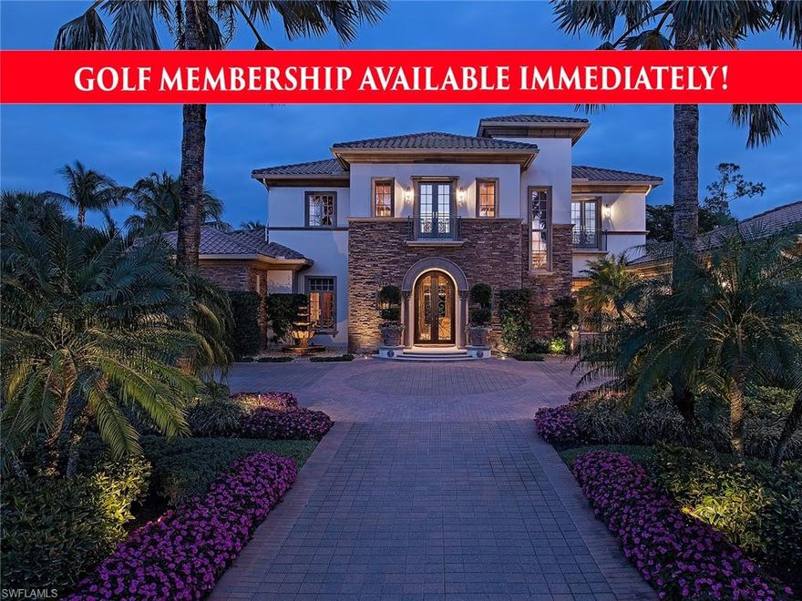 PRICE REDUCTION!  NO WAITLIST TO JOIN AS A FULL GOLF MEMBER WITH THE PURCHASE OF THIS HOME. This lavish two story 4 bedroom plus den, 4 full and 1 half bath estate is the perfect blend of luxury and comfort. A grand foyer entry with a stunning spiral staircase welcomes you to this expansive estate where you will find captivating and intricate wood ceiling details punctuating volume ceilings, extensive windows, majestic columns, Juliet balconies, full wet bar and wine cellar, private elevator and rich marble and wood flooring throughout. The spacious second story boasts a lovely gathering area and private guest suites. Enjoy outdoor living and entertaining in paradise on the expansive multi-level lanai featuring an outdoor summer kitchen, a romantic gas fireplace and several comfortable seating and dining areas. A gardener’s dream awaits on the professionally landscaped lanai, highlighted by stunning landscaping and a sparkling pool with cascading spillover spa. Home Generator.