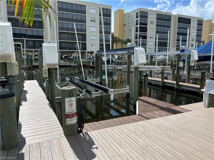 Casa Marina Boat Slip #10 has a 10,000 lb. lift w/a new GEM remote box w/automated preset lift limits, up/down remote control, a new GFI accessory outlet at GEM box for chargers, etc.; new motors, new wiring to lift, new brakers in main panel and just completed new finger docks and walkways!!  The lift has been fully serviced by Stokes Marine.  Easy in and out of this slip to Estero Bay and to the Gulf of Mexico.  Enjoy a day of fishing, partaking in the excellent waterfront seafood restaurants and unique local bars along Estero Bay....or take a short 15-minute boat ride to the Gulf of Mexico and enjoy a beautiful sunrise or sunset along the beach.  There is a $100 application fee for the new Buyer and the new Buyer must be a property owner in the Bay Beach Community to purchase this slip.